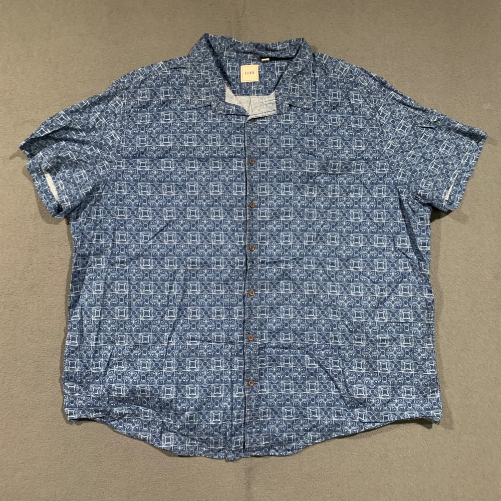 ROWM Mens Blue White Geometric Medallion SS Button Up Shirt 4XB Stretch Beachy